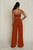 two piece strapless wrap top and maxi flare pant set