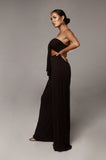 two piece strapless wrap top and maxi flare pant set