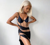 patchwork mesh see through bikini strap backless side slit bodycon dress
