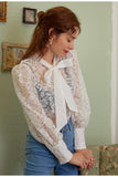 vintage style bow tie lace hollow out flower puff sleeve blouse
