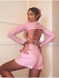 two piece hollow out tie back long sleeve crop top shorts set