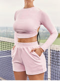 two piece hollow out tie back long sleeve crop top shorts set