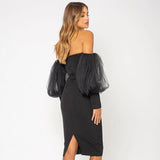 solid off shoulder long lace lantern sleeve bodycon dress