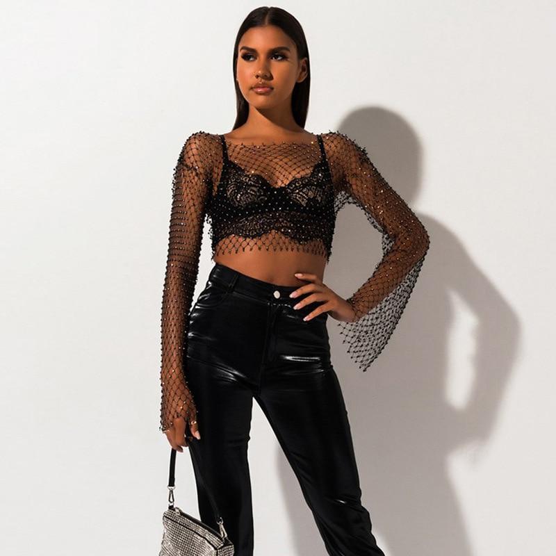 crystal diamond see through hollow out crop top cover up