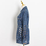 hollow out denim lapel collar long sleeve high waist with sashes coat