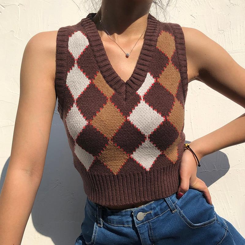 preppy style vintage plaid print knitted sleeveless crop top