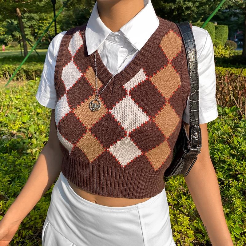 preppy style vintage plaid print knitted sleeveless crop top
