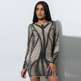 mosaic stretchy package hip long sleeve bodycon sequin dress
