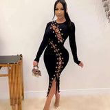 o neck long sleeve hollow lace up long bodycon dress