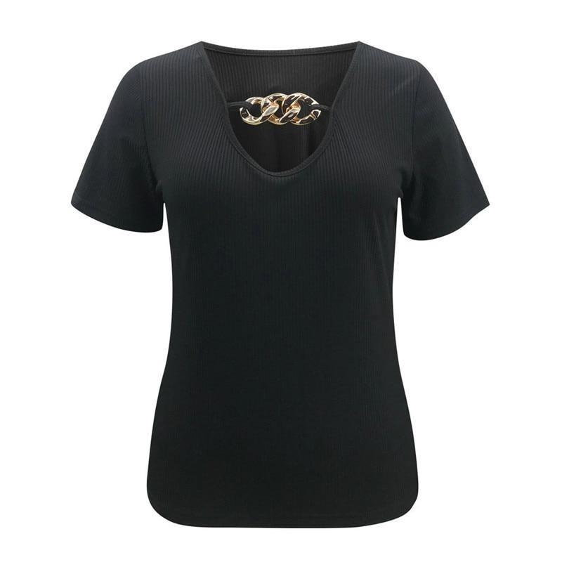 hollow out chain decor v neck short sleeve t shirt