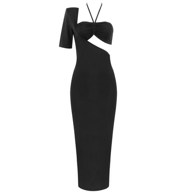 solid one shoulder black hollow out midi dress