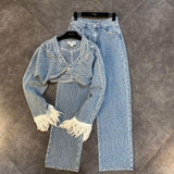 denim tassel sleeve single button full jeans two piece dress
