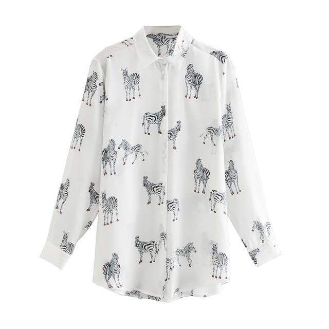 print satin zebra print button up oversized blouse
