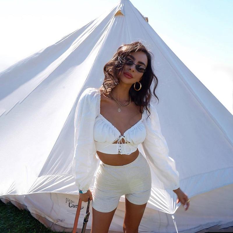 lantern sleeve v neck lace up shirts hollow out crop tops