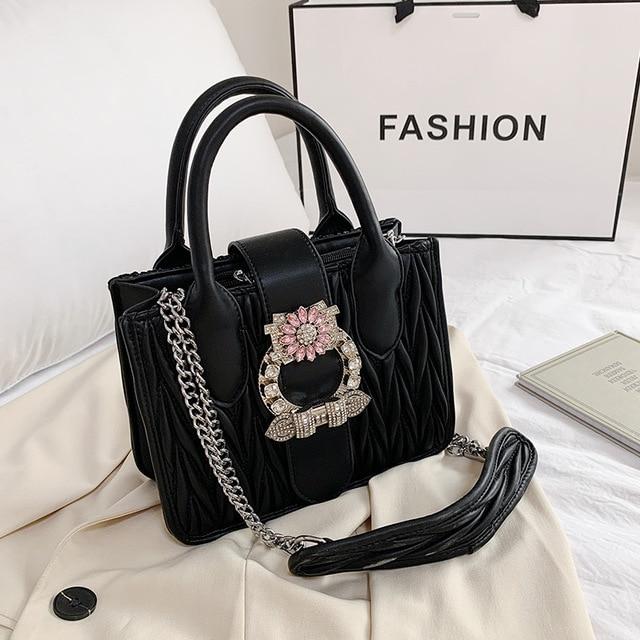 tote pu leather diamond lock chain shoulder handbag