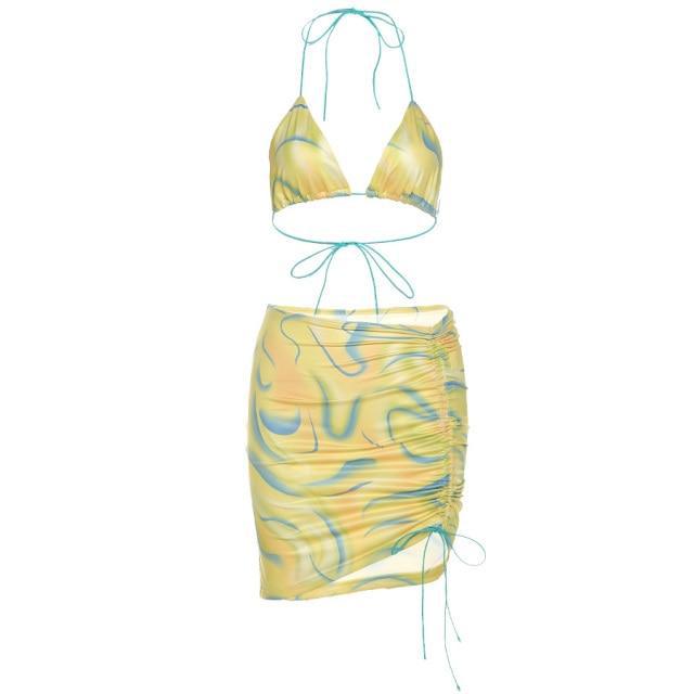 low cut drawstring printed bra skirt two piece dress