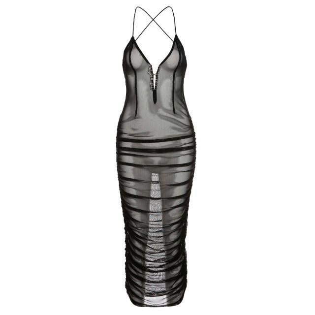 mesh deep v neck spaghetti backless sleeveless maxi dress