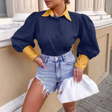 chic tunic puff sleeve patchwork elegant shirt dress