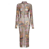 vintage leopard pattern long sleeve mesh bodycon dress