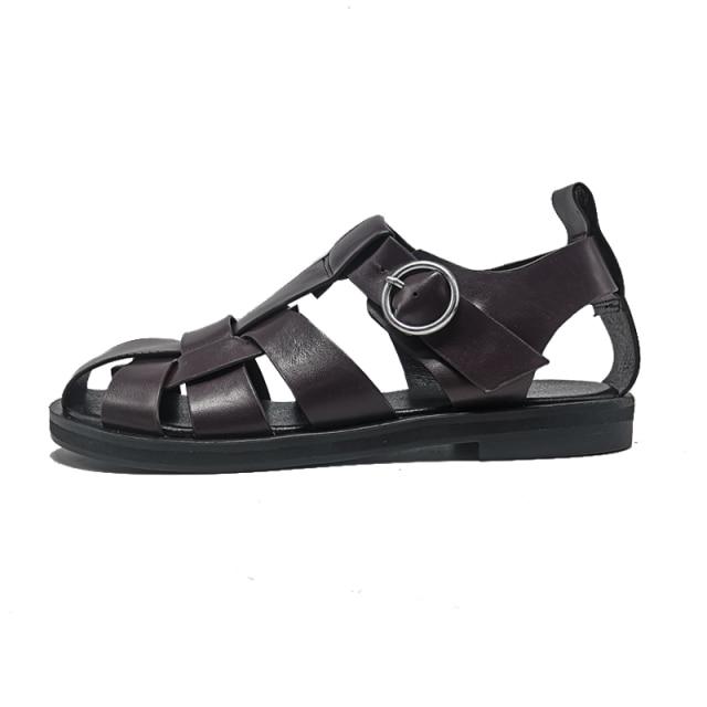 real leather buckle strap hollow out flat sandals