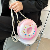 donut shaped pearl shoulder strap chain pu leather crossbody bag