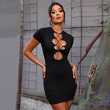 hollow out lace up short sleeve o neck bodycon dress