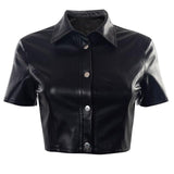 pu leather button up short sleeve crop top