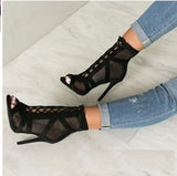 black net fabric cross strap high heel pu leather lace up boots