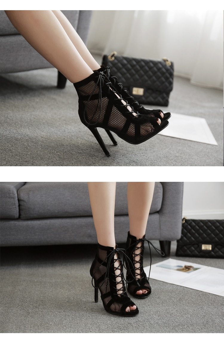black net fabric cross strap high heel pu leather lace up boots