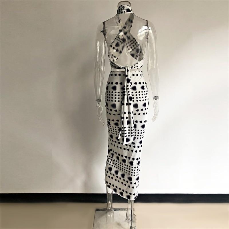 ruched halter vintage printed crop top slit skirt two piece dress