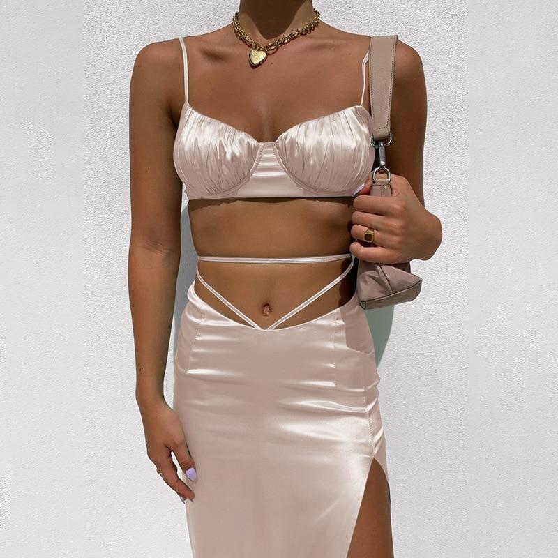 pleated hollow out backless crop top skirt two pieces dress