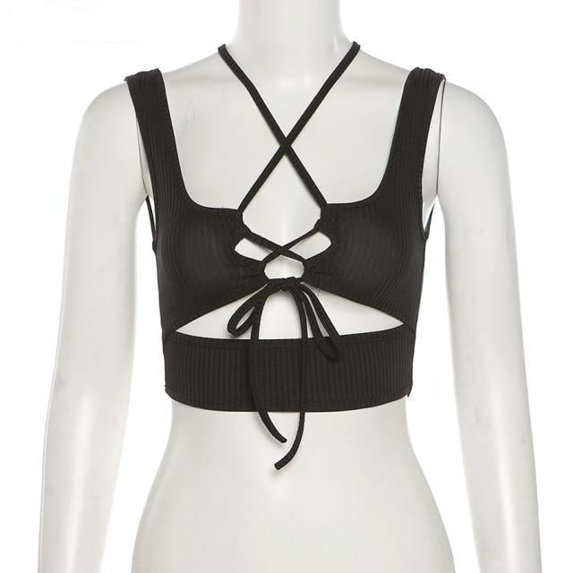 hollow out bandage vest sling ribbed stretchy crop top