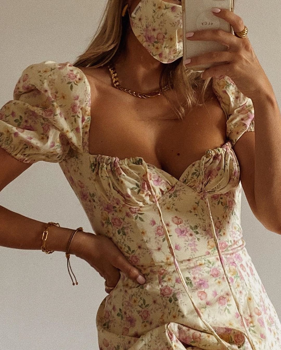 square collar puff sleeve vintage lace up floral dress