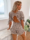 hollow out backless leopard print puff sleeve romper