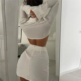 drawstring long sleeve top slit mini skirt set