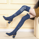 denim over the knee pointed toe thick long boots