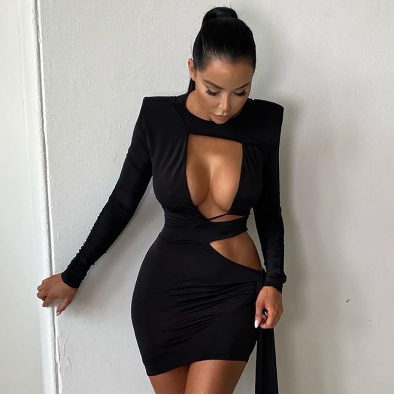 wrap long sleeve hollow out bodycon dress