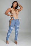 high waist eyelet lace up ripped jeans