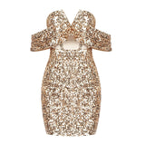 gold sequin mesh splicing mini party dress