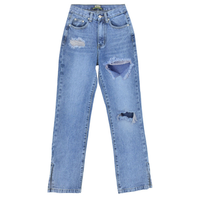 high waist denim hole ripped jeans