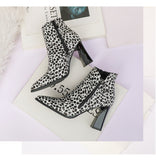 high chunky heel leopard pointed ankle boots