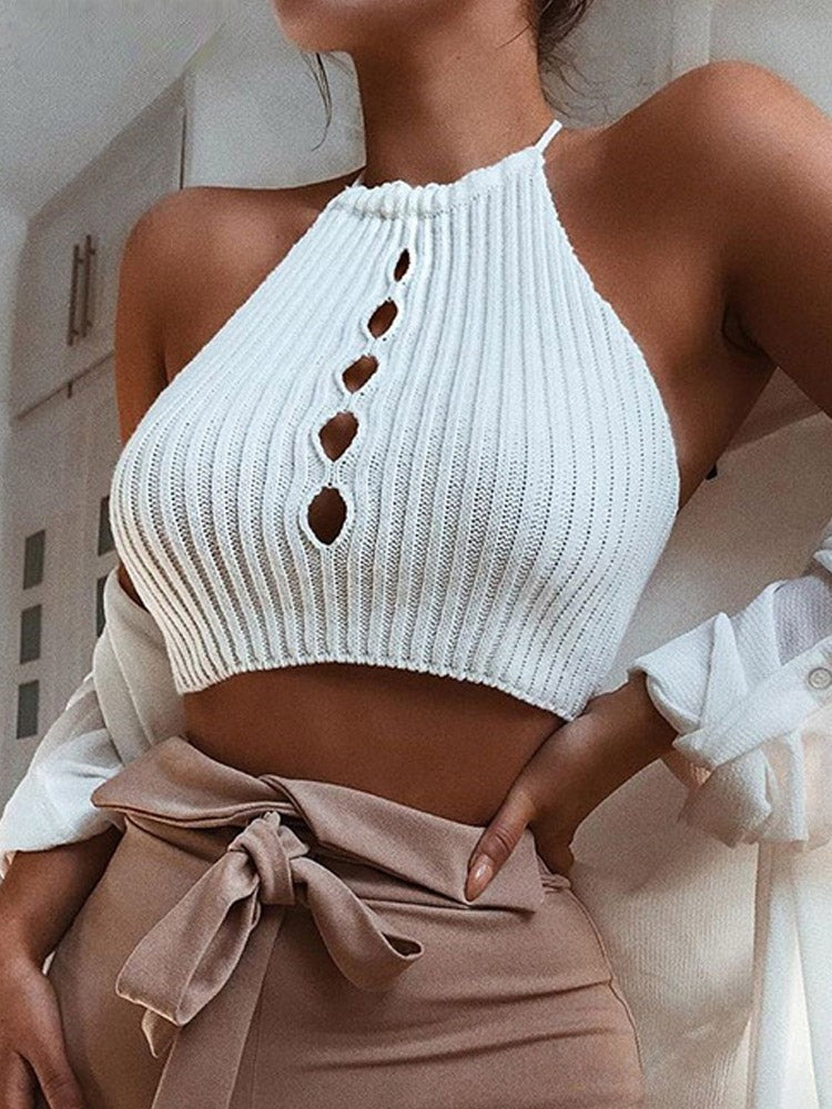 ribbed knit cut out halter neck crop top