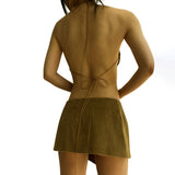 halter backless pointed hem crop top mini skirt two piece dress