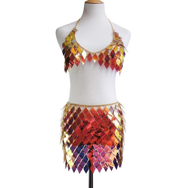 rhombic sequins harness bra skirt beach dres