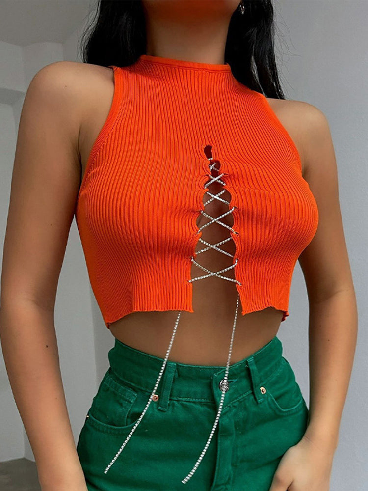 knitted rib lace up crop top
