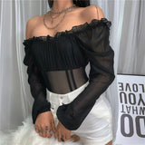 chicology see though mesh off shoulder long sleeve bodysuit