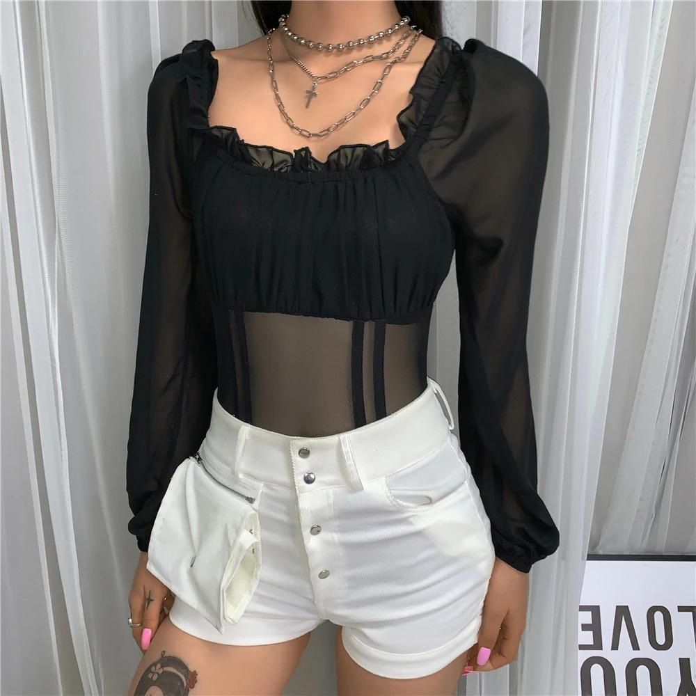 chicology see though mesh off shoulder long sleeve bodysuit