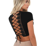 crisscross o neck patch backless lace up crop top