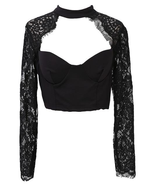 lace patchwork long sleeve push up crop top