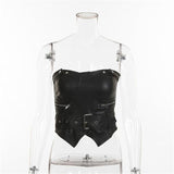 faux leather sashes backless off shoulder crop tops
